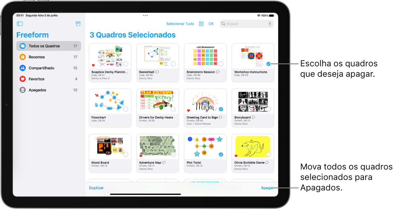 Vários quadros estão selecionados na visualização Todos os Quadros no Freeform. O botão Apagar está no canto inferior direito da tela.