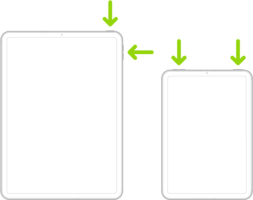 Ilustrações de dois modelos diferentes de iPad com as telas viradas para cima. A ilustração mais à esquerda mostra os botões aumentar volume e diminuir volume do lado direito do dispositivo e o botão superior perto da borda direita. A ilustração mais à direita mostra os botões aumentar volume e diminuir volume na parte superior do dispositivo, perto da borda esquerda. O botão superior aparece perto da borda direita.