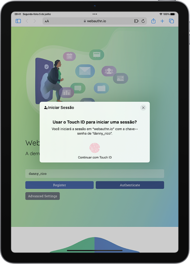 Uma tela de início de sessão para uma conta que usa o Touch ID como parte da chave-senha.
