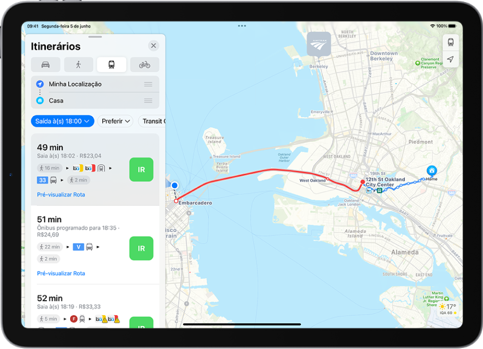 Um mapa mostrando duas rotas de transporte público. Um cartão de rota à esquerda mostra botões Ir para diversas opções da rota.