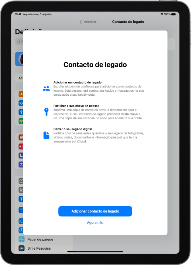 O ecrã “Contacto de legado” com informação acerca da funcionalidade. O botão Adicionar contacto de legado está na parte inferior.
