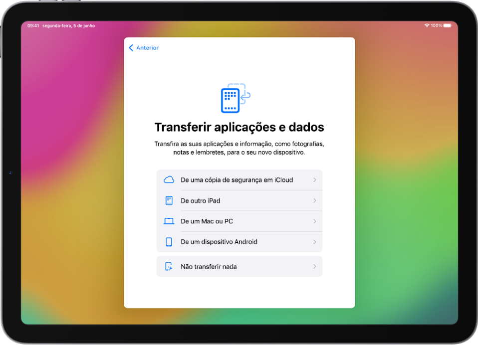 O ecrã de configuração, com opções para transferir as suas aplicações e dados de uma cópia de segurança em iCloud, de outro iPad, de um Mac ou PC, ou de um dispositivo Android.