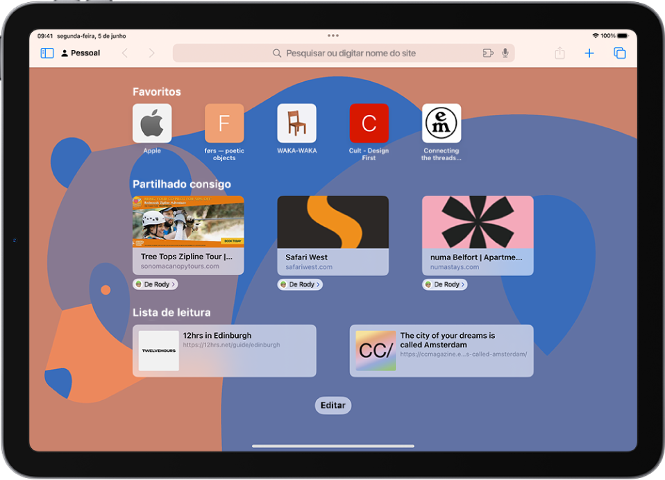A página de entrada no Safari, que mostra os sites favoritos, os sites partilhados consigo e os sites guardados na lista de leitura. Na parte inferior do ecrã encontra‑se o botão Editar.