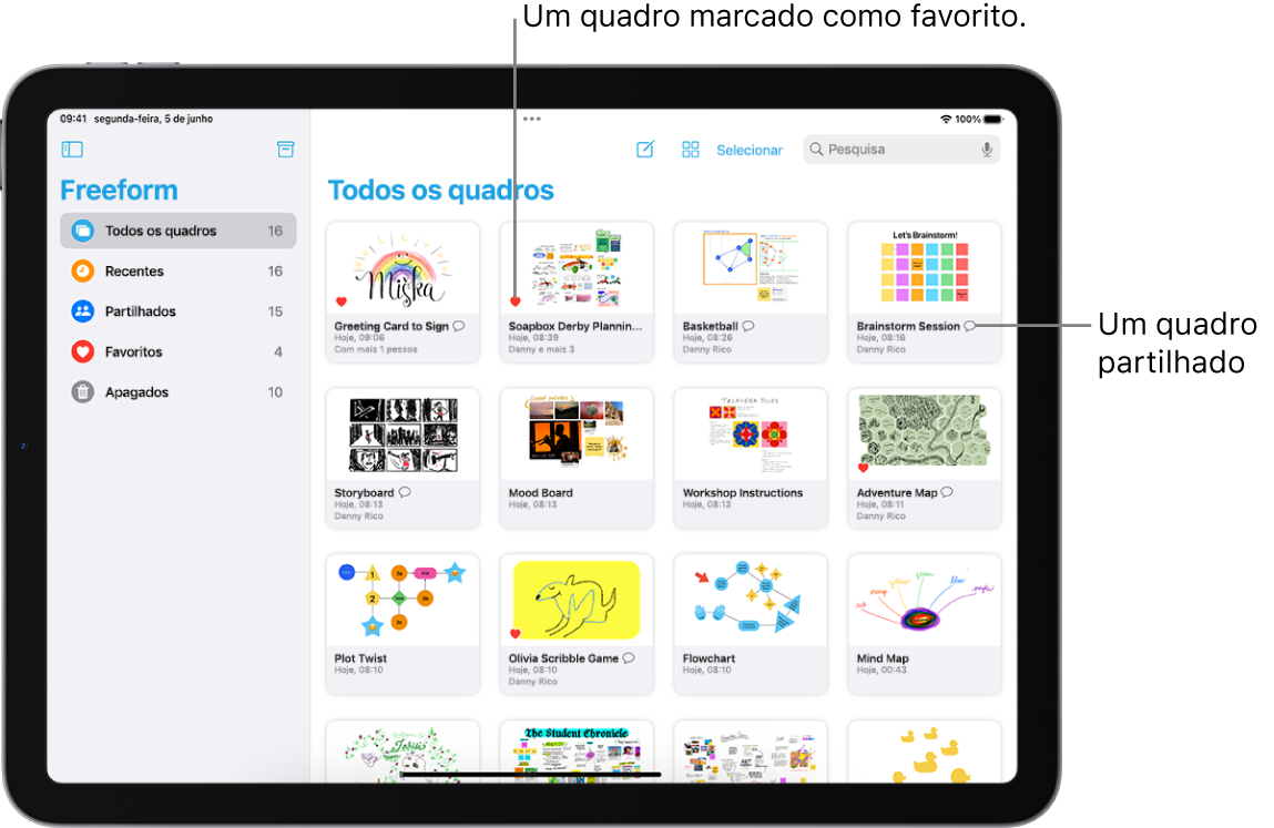 O Freeform está aberto no iPad. A opção Todos os quadros está selecionada na barra lateral e aparecem miniaturas de quadros à direita.