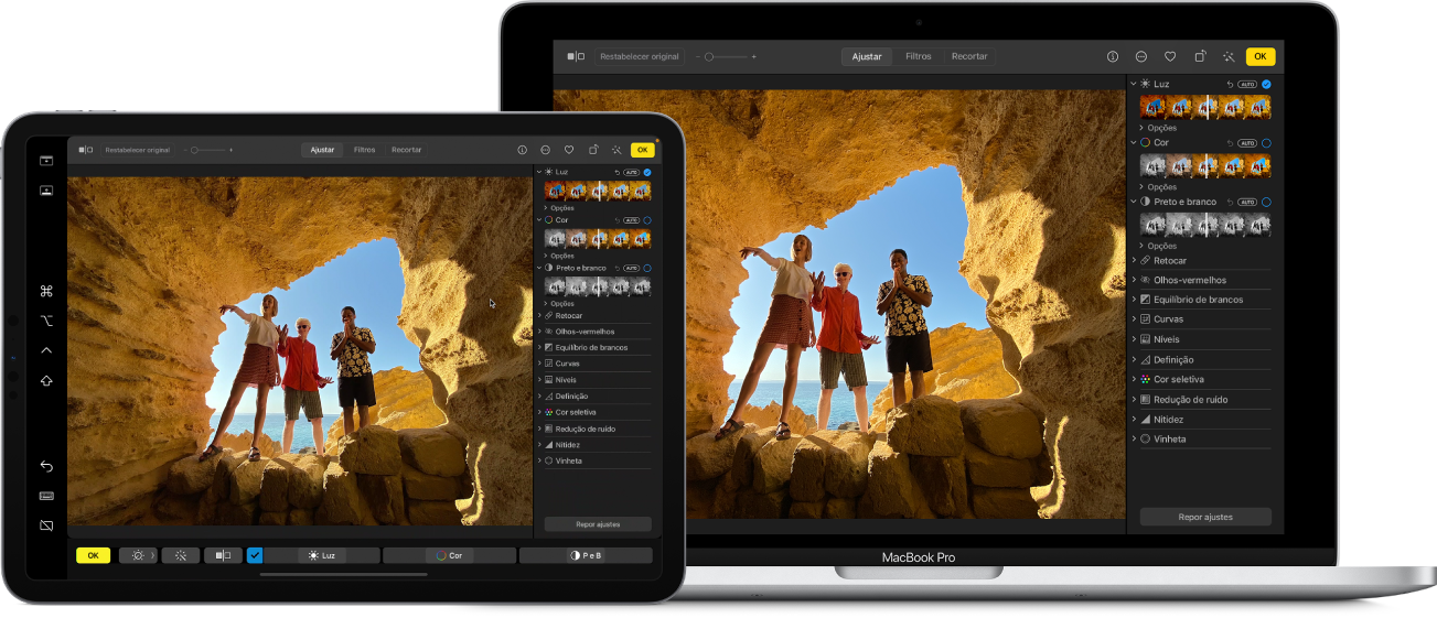 O ecrã de um Mac ao lado do ecrã do iPad. Ambos os ecrãs mostram uma janela de uma aplicação de edição de fotografias.