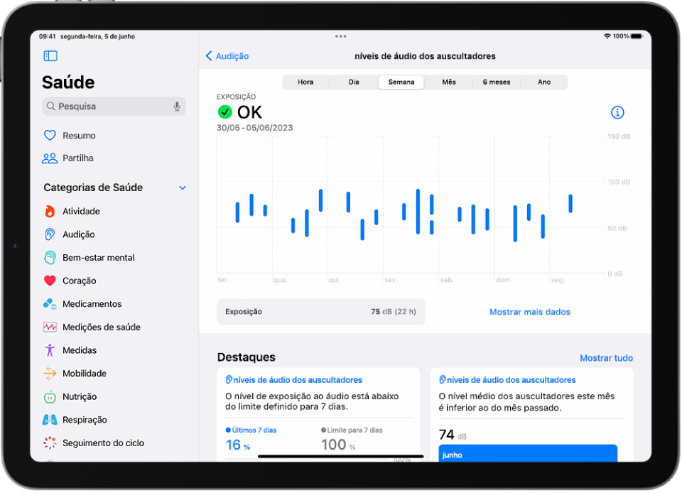O ecrã Audição na aplicação Saúde mostra um intervalo de níveis de áudio dos auscultadores numa semana.