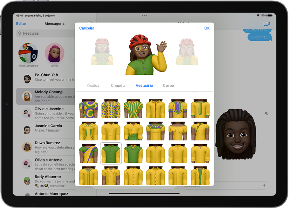 Ecrã de Memoji que mostra a personagem a ser criada no meio, funcionalidades de personalização por baixo da personagem e, por baixo disso, opções para a funcionalidade selecionada. No canto superior direito está o botão OK e no canto superior esquerdo está o botão Cancelar.