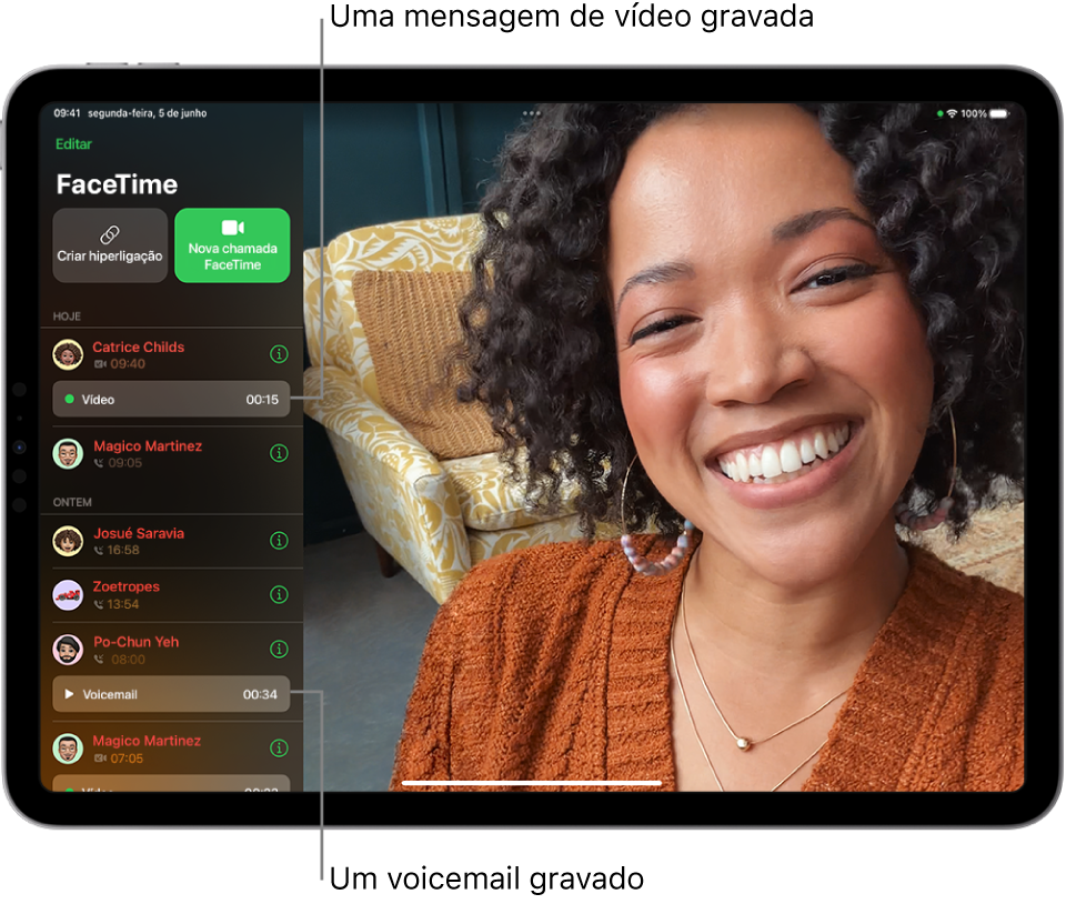 O histórico de chamadas, a mostrar hiperligações para uma mensagem de vídeo gravada e um voicemail.