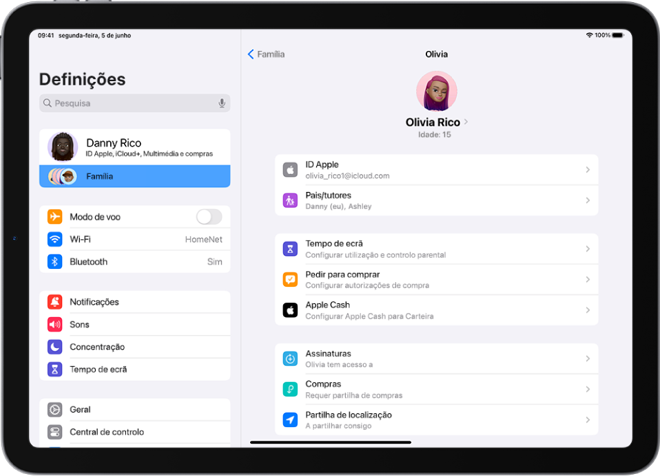 O ecrã Definições com funcionalidades disponíveis para um membro da família adolescente, como Pedir para comprar e Apple Cash.