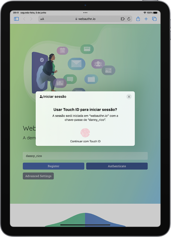 Um ecrã de início de sessão para uma conta que usa Touch ID como parte de uma chave‑passe.