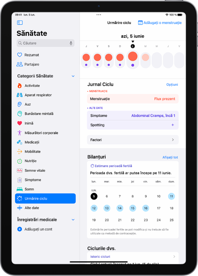 Ecranul Urmărire ciclu afișând cronologia unei săptămâni în partea de sus a ecranului. Cercurile roșu-închis și punctele violet marchează primele 5 zile din cronologie. Sub cronologie sunt opțiuni pentru adăugarea de informații despre menstruații, simptome și altele.