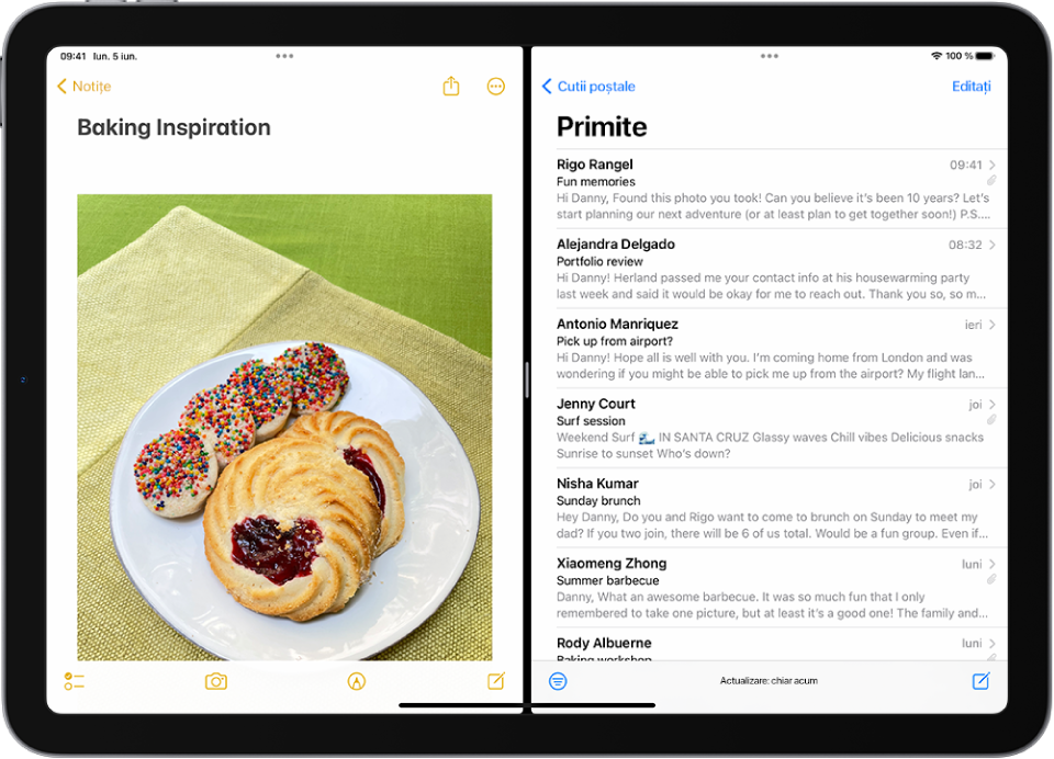 Aplicația Notițe este deschisă în stânga ecranului și aplicația Mail este deschisă în dreapta. Între aplicații se află un separator ajustabil, utilizat pentru redimensionarea divizării.