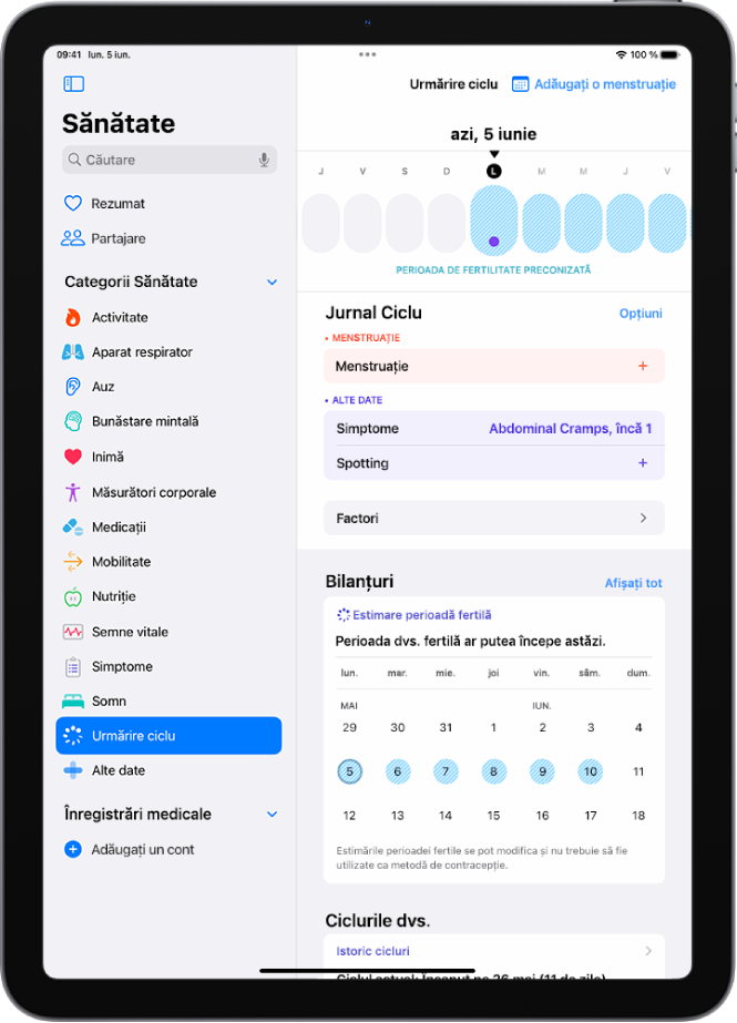 Ecranul Urmărire ciclu, cu o cronologie în apropierea părții de sus, afișând o perioadă fertilă estimată.