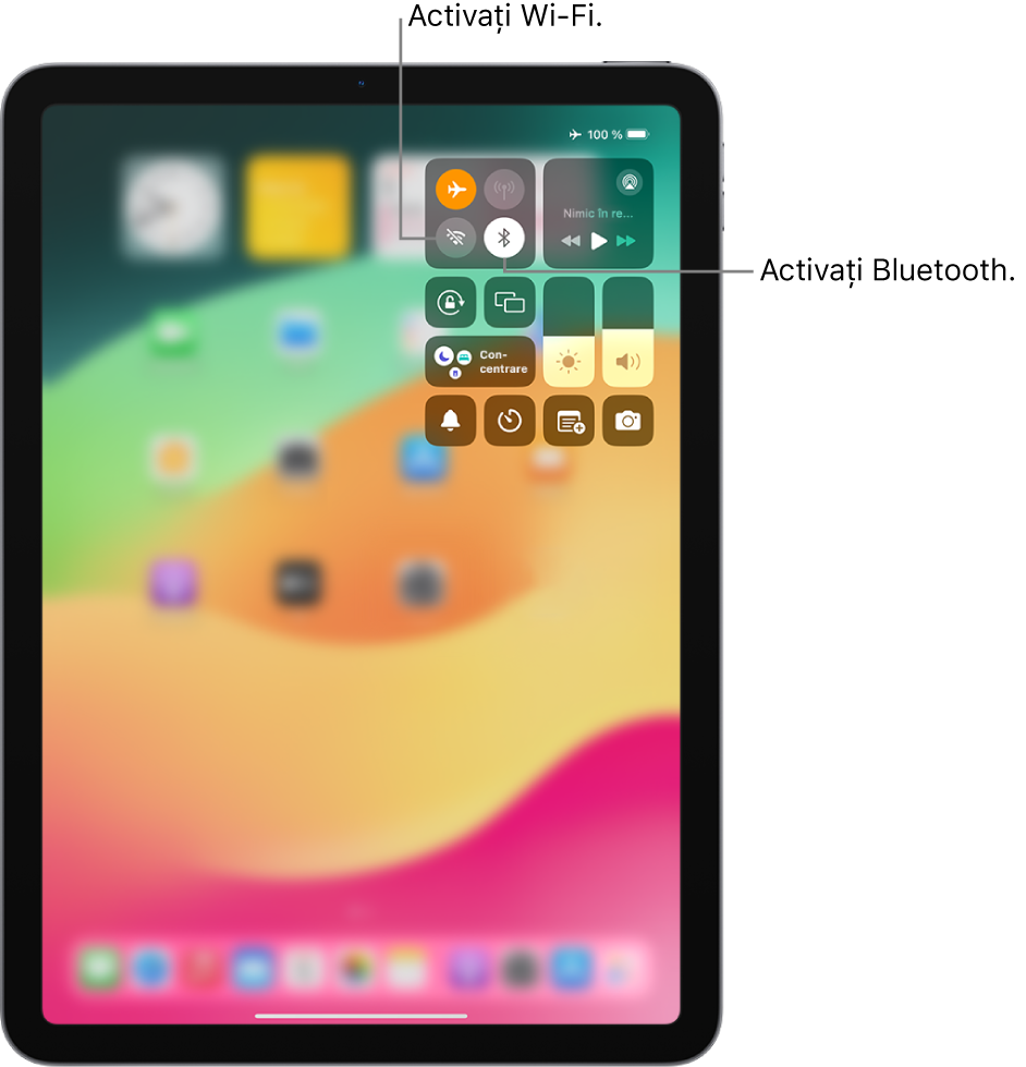 Centrul de control de pe iPad indicând că modul Avion este activat. Butoanele pentru activarea conexiunilor Wi-Fi și Bluetooth se află în apropierea colțului din stânga sus al centrului de control.