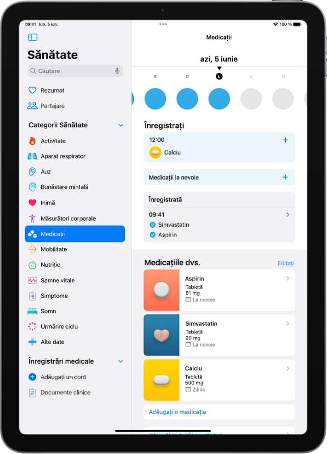 Ecranul Medicații din Sănătate afișând data și un jurnal pentru medicamente.