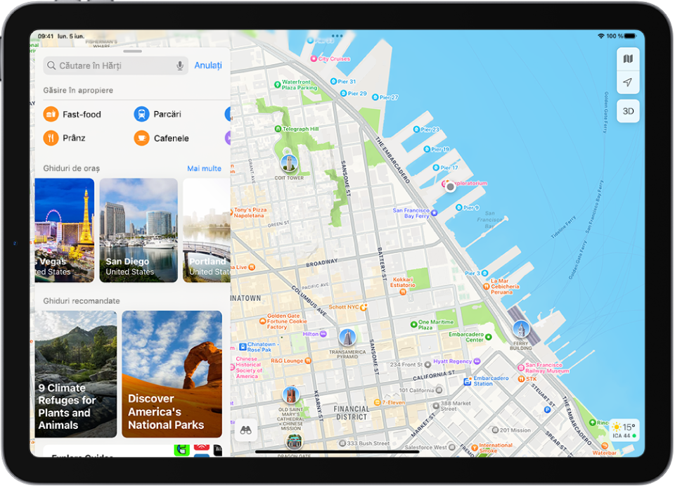 O fișă de căutare din aplicația Hărți afișând patru categorii de locuri, câteva ghiduri de orașe și ghiduri sugerate.