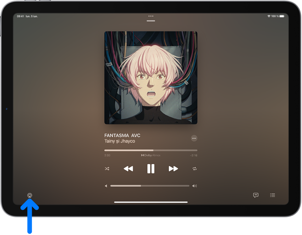 Comenzile de redare pentru o melodie, inclusiv butonul Destinație redare în partea de jos a ecranului.