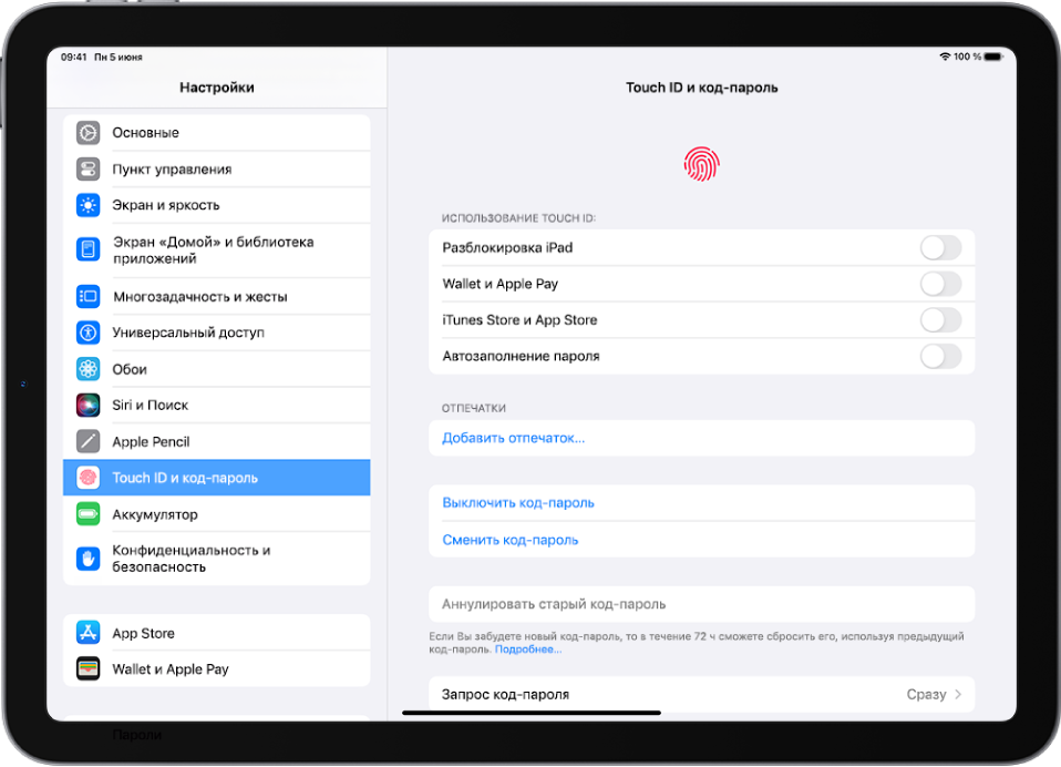 В левой части экрана открыто боковое меню «Настройки», в котором выбран параметр «Touch ID и код-пароль». В правой части экрана показана параметры, включив или выключив которые можно выбрать, для разблокировки каких функций требуется Touch ID. Параметры «Разблокировка iPad», «iTunes и App Store», «Wallet и Apple Pay» и «Автозаполнение пароля» выключены.