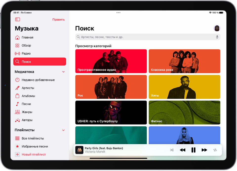 Экран «Поиск». Слева отображается боковое меню, а в правом верхнем углу — поле поиска. Ниже показан раздел «Обзор категорий» с несколькими категориями. Справа внизу отображается плеер.