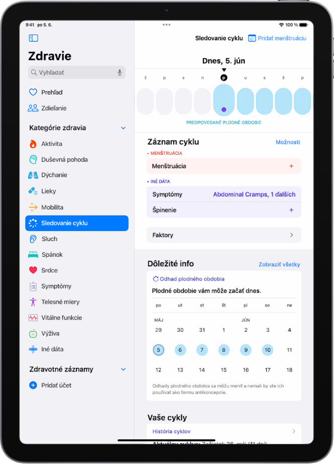 Obrazovka Sledovanie cyklu s časovou osou v hornej časti zobrazujúcou predpokladané plodné dni.