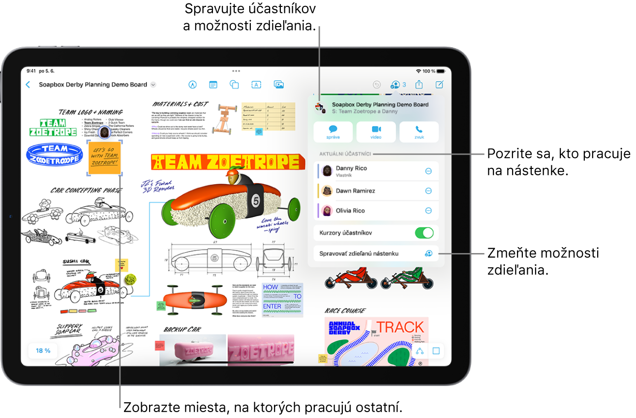 Zdieľaná nástenka v apke Freeform na iPade so zobrazeným menu spolupráce a polohou iného účastníka na nástenke označenou fialovými znakmi zaškrtnutia.