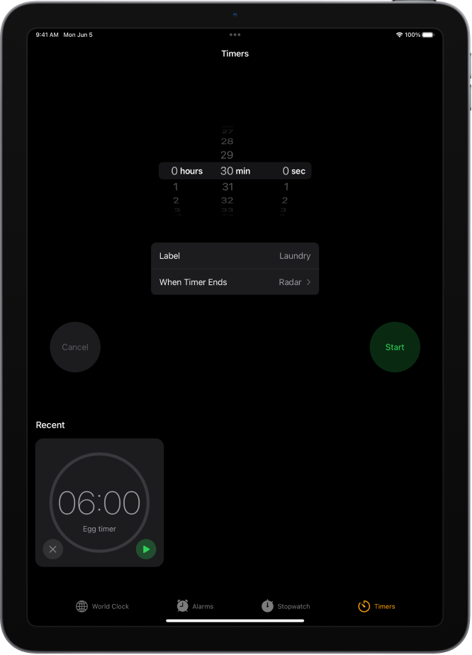 Na zavihku Timers so prikazane nastavitve za nastavitev časovnika. Nedavno ustvarjeni časovnik je pod nastavitvami časovnika. Gumbi World Clock, Alarm, Stopwatch in Timers so razporejeni na dnu zaslona.