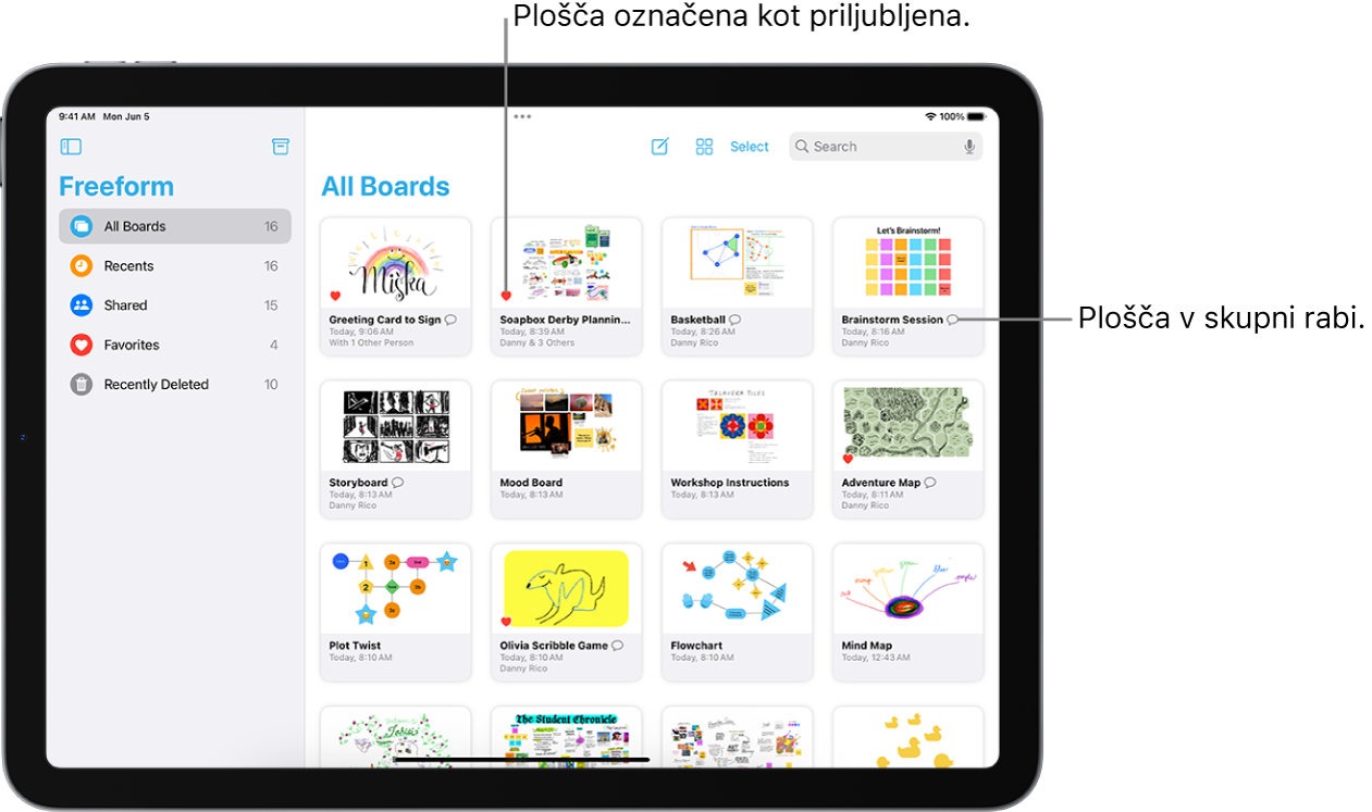 Aplikacija Freeform odprta v iPadu. V stranski vrstici je izbrana možnost All Boards, na desni pa se prikažejo sličice plošč.