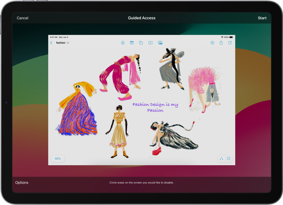 Zaslon za nastavitev seje Guided Access. Pred začetkom seje lahko obkrožite območja na zaslonu, ki jih želite onemogočiti.