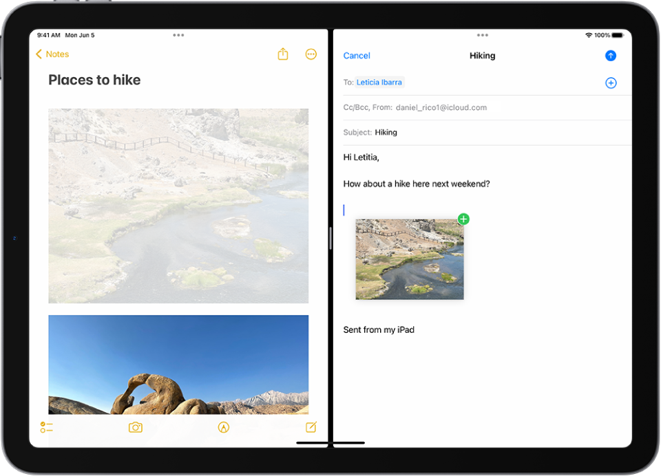 Pogled Split View z odprtimi opombami na levi in odprto e-pošto na desni. Fotografijo iz aplikacije Notes povlecite v e-pošto.