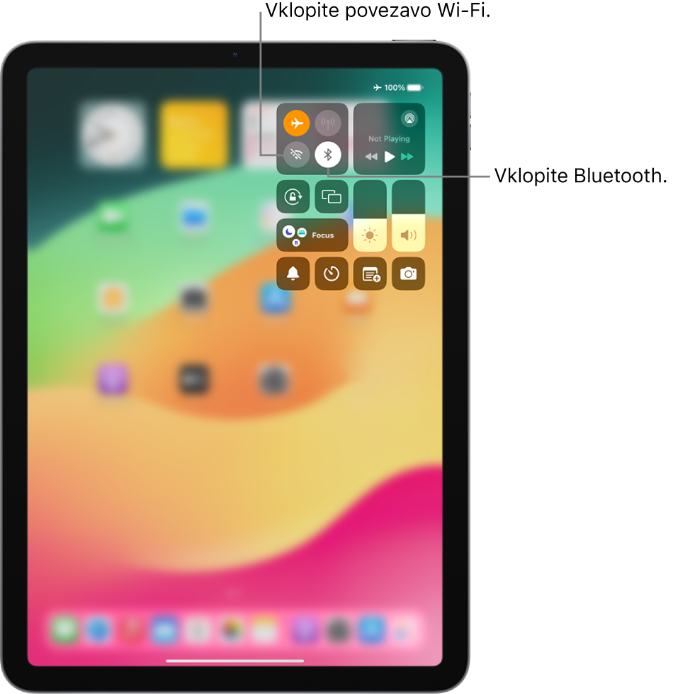 Funkcija Control Center v iPadu prikazuje vklopljen letalski način. Gumbi za vklop povezave Wi-Fi in povezave Bluetooth so v zgornjem levem kotu aplikacije Control Center.