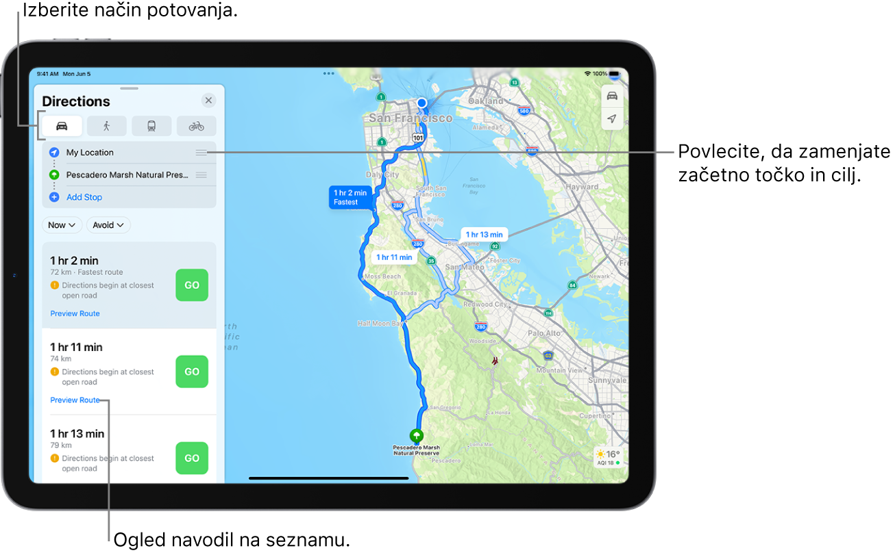 Zemljevid, ki prikazuje več načrtovanih poti med dvema lokacijama, z možnostmi za izbiro drugih načinov potovanja, preklapljanje začetne točke in cilja ter ogled smeri na seznamu.