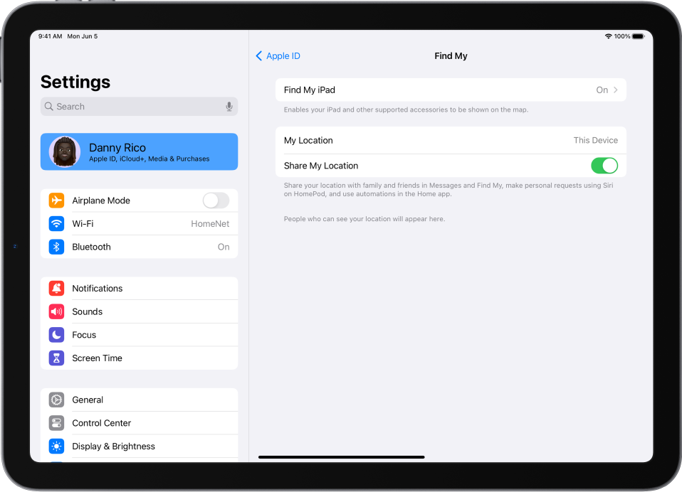 Stranska vrstica Settings je na levi strani zaslona in izbrana je zgornja možnost z imenom uporabnika. Na desni strani zaslona so možnosti, s katerimi lahko izberete, katere funkcije Find My želite vklopiti. Možnosti Find My iPad in Share My Location sta vklopljeni.