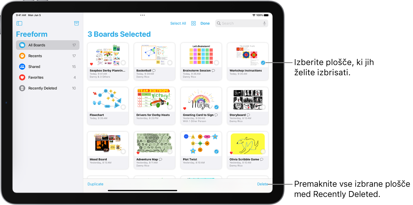 V pogledu All Boards v prostoročnem načinu je izbranih več plošč. Tapnite gumb Delete v spodnjem desnem kotu zaslona.