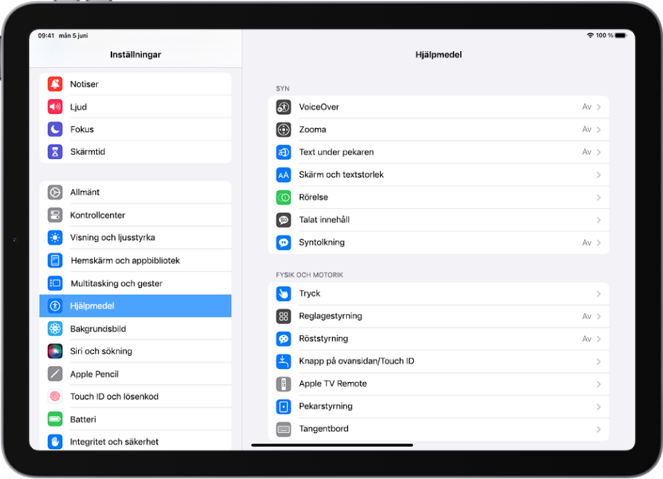 Skärmen Inställningar på iPad. På vänstra sidan av skärmen finns sidofältet Inställningar där Hjälpmedel är valt. På högra sidan av skärmen finns alternativen för att anpassa hjälpmedelsfunktioner.