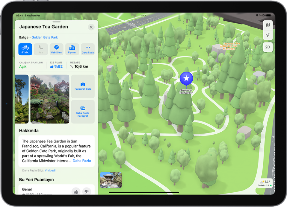 iPad’de bir konum için genel puanlamanın, fotoğrafların ve fotoğraf ekleme, fotoğraflara göz atma ve yeri puanlama düğmelerinin bulunduğu bir yer kartı.