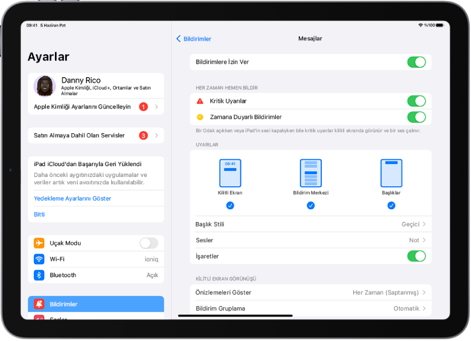 Bildirimler ve uyarılar için Mesajlar ayarları ile iPad.