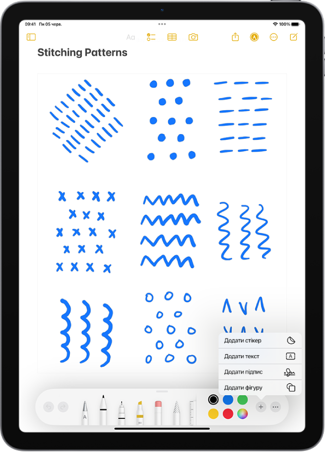 Панель інструментів Розмітки відкрито в нижній частині нотатки в програмі «Нотатки», а в правому нижньому куті екрана вибрано кнопку «Додати». В меню «Додати» наявні такі опції: Додати стікер, Додати текст, Додати підпис, Додати фігуру.