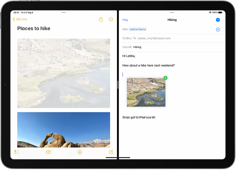 Split View với Ghi chú được mở ở bên trái và email được mở ở bên phải. Một ảnh từ Ghi chú được kéo vào email.