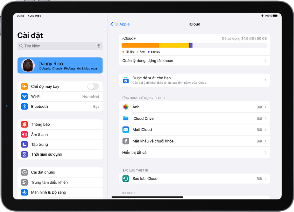 Màn hình Cài đặt với tên của người dùng được chọn ở đầu thanh bên ở bên trái của màn hình. Ở bên phải của màn hình là các tùy chọn cho cài đặt iCloud, bao gồm công cụ đo dung lượng iCloud và một danh sách các ứng dụng và tính năng, bao gồm Ảnh, iCloud Drive, Mail iCloud, cũng như Mật khẩu và chuỗi khóa.