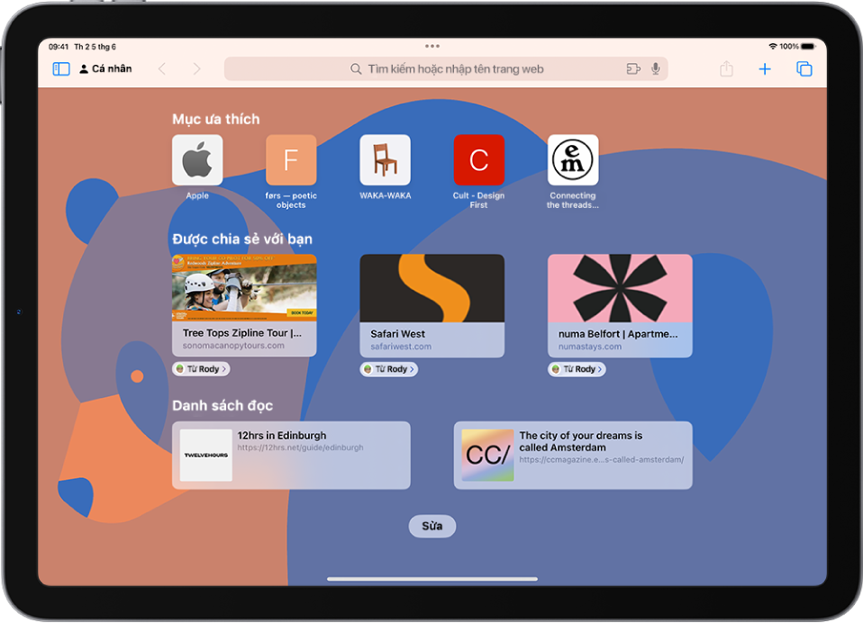 Trang bắt đầu trong Safari, hiển thị các trang web ưa thích, các trang web được chia sẻ với bạn và các trang web được lưu vào Danh sách đọc của bạn. Ở cuối màn hình là nút Sửa.