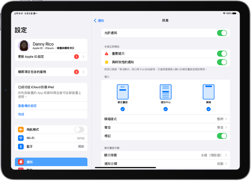 iPad 顯示「訊息」的通知和提示設定。