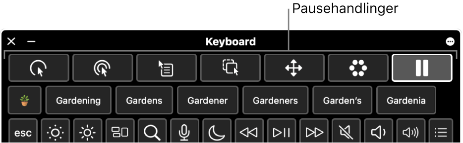 Knapper til pausehandlinger øverst på tilgængelighedstastaturet.
