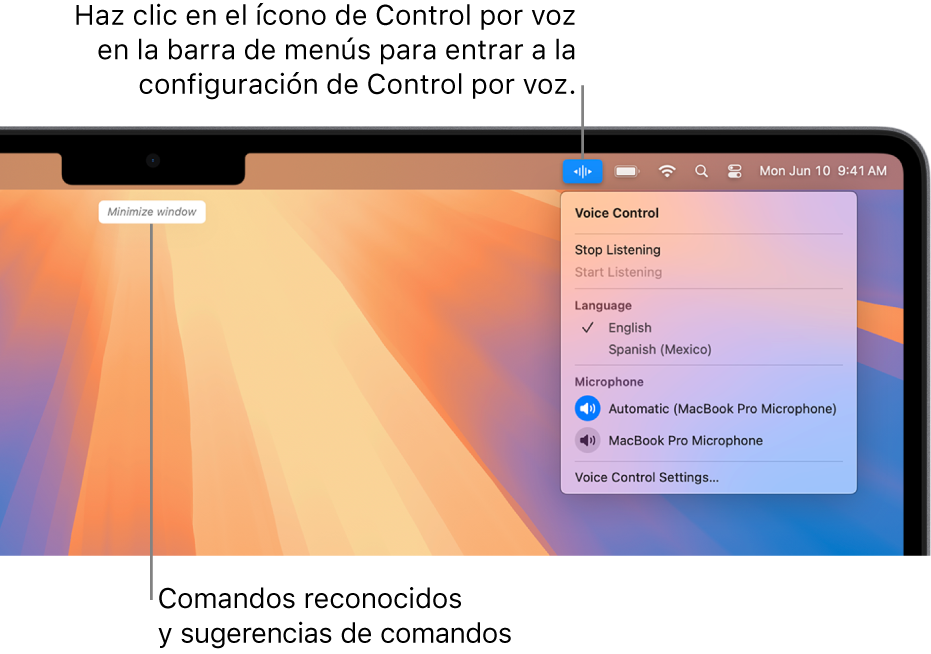 En la parte superior del escritorio se muestra el último comando reconocido por Control por voz. A la derecha, el ícono de Control por voz se muestra en la barra de menús, y el menú de Control por voz está abierto.