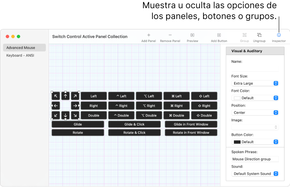 Una ventana de la colección de paneles que muestra el botón del inspector, en el extremo derecho de la barra de herramientas, para establecer las opciones de los paneles, botones y grupos.