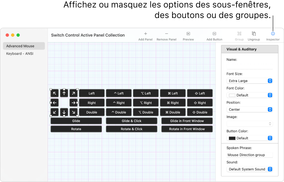 Une fenêtre de collection de sous-fenêtres présentant le bouton Inspecteur à l’extrémité droite de la barre d’outils pour définir des options pour les sous-fenêtres, les boutons et les groupes.