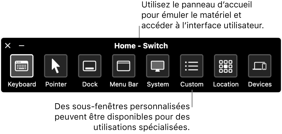 La sous-fenêtre d’accueil du Contrôle de sélection fournit des boutons pour contrôler, de gauche à droite, le clavier, le pointeur, le Dock, la barre des menus, les commandes système, les sous-fenêtres personnalisées, l’emplacement de l’écran et d’autres appareils.