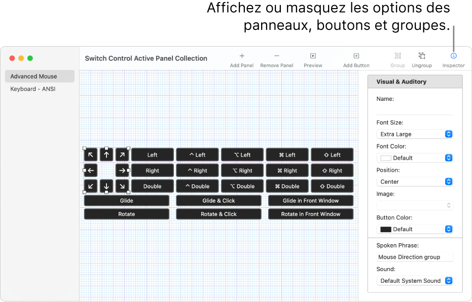 Une fenêtre de collection de sous-fenêtres présentant le bouton Inspecteur à l’extrémité droite de la barre d’outils pour définir des options pour les sous-fenêtres, les boutons et les groupes.