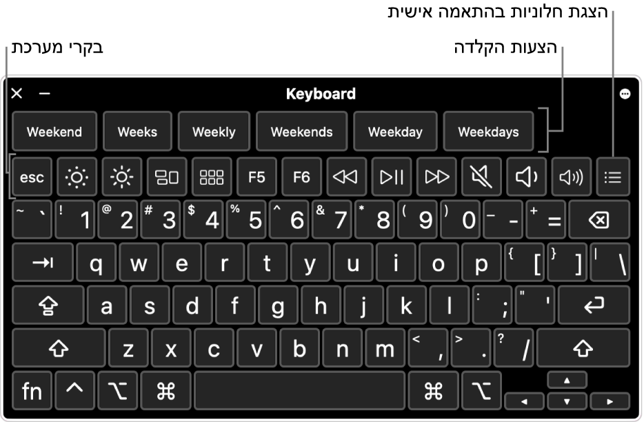 ״מקלדת הנגישות״ עם הצעות הקלדה בחלקה העליון. להלן שורה של כפתורים של פקדי מערכת לביצוע פעולות כגון שינוי בהירות המסך והצגת חלוניות מותאמות אישית.