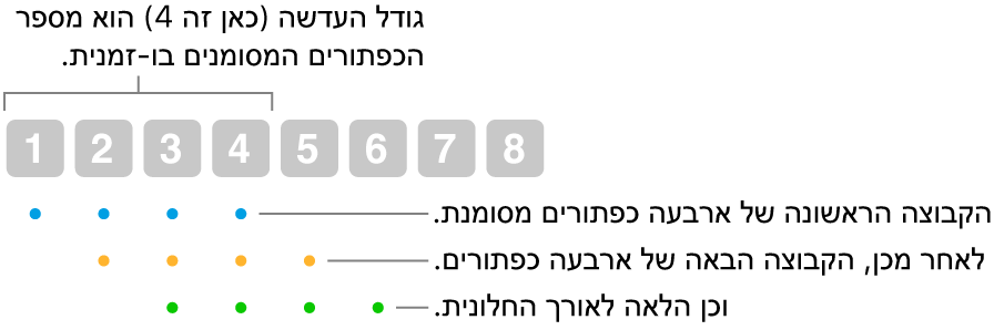 המחשה של אופן הפעולה של ״גלישה וצעד״: קבוצה של ארבעה כפתורים (גודל העדשה) מסומנת, ואז הקבוצה הבאה של ארבעה כפתורים, וכך הלאה, ברצף חופף.