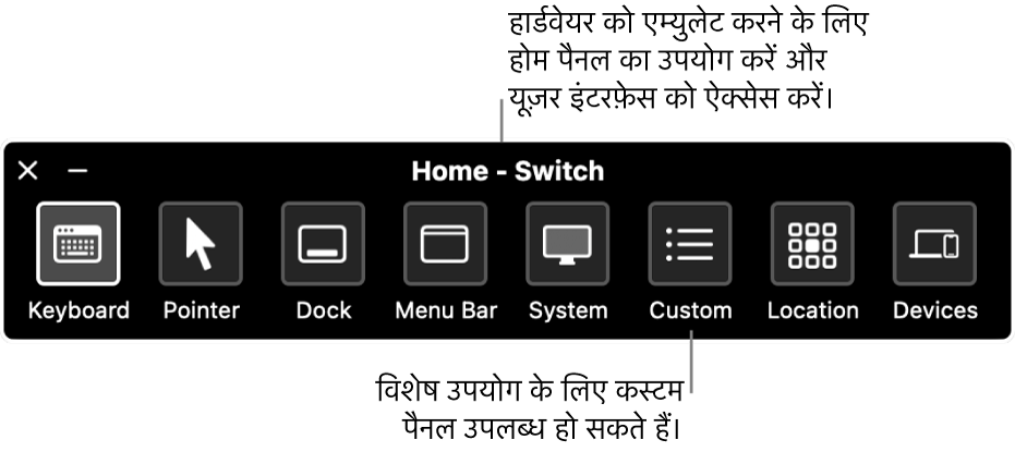 स्विच कंट्रोल होम पैनल जिसमें कीबोर्ड, पॉइंटर, Dock, मेनू बार, सिस्टम कंट्रोल, कस्टम पैनल, स्क्रीन स्थान और अन्य डिवाइस को नियंत्रित करने के बटन बाएँ से दाएँ शामिल होते हैं।